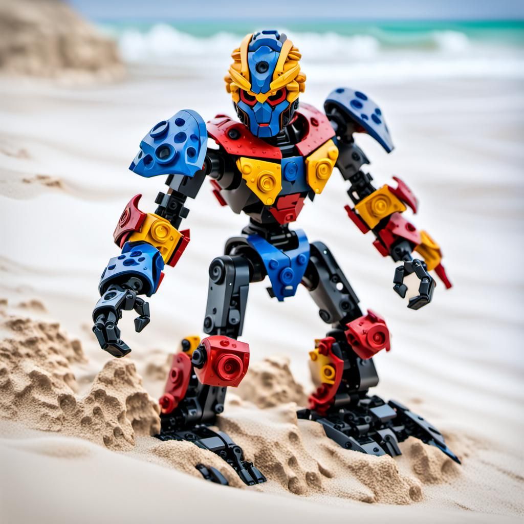 Lego Bionicle on White Sand Beach, Expressionist Oil Paintin...