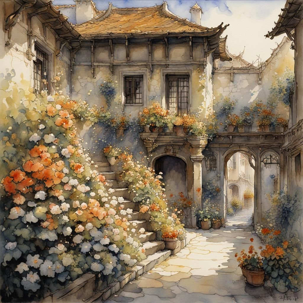 Floral Courtyard: Watercolor Painting with Dynamic Lighting