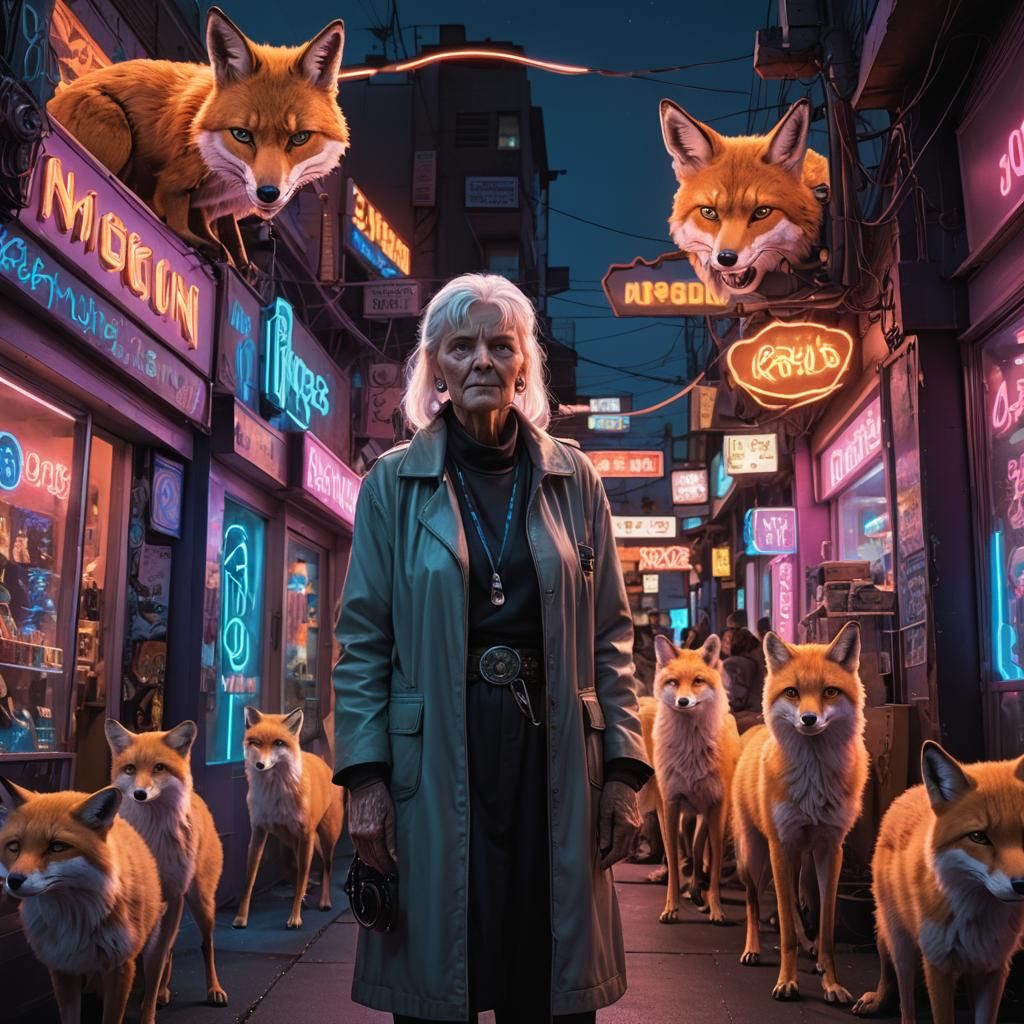 Neon-Noir Storefront Scene with Animoids