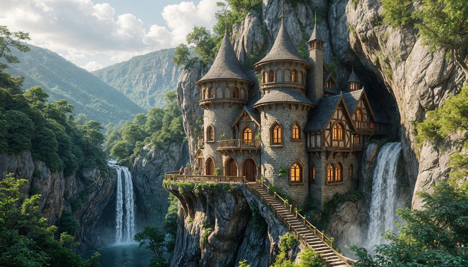 Elven Cliffside Cottage in Wooded Valley, Fantasy Art
