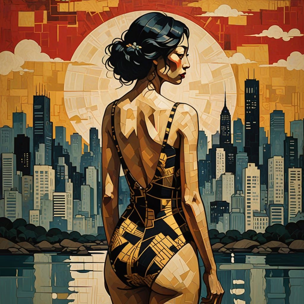 Floral Silhouette in Cityscape, Ukiyo-e Style