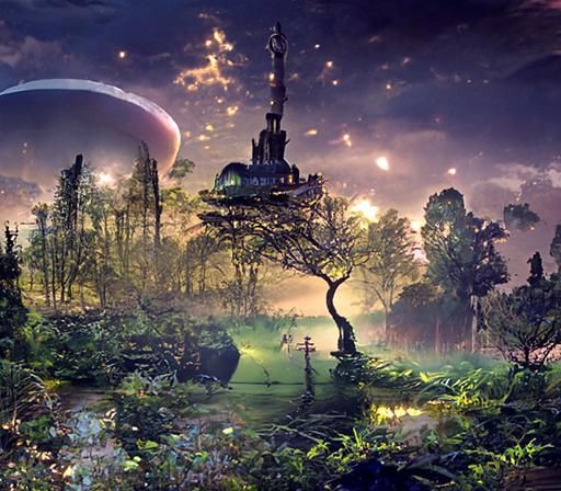 Photorealistic Night Sky with Glowing Trees and Domes