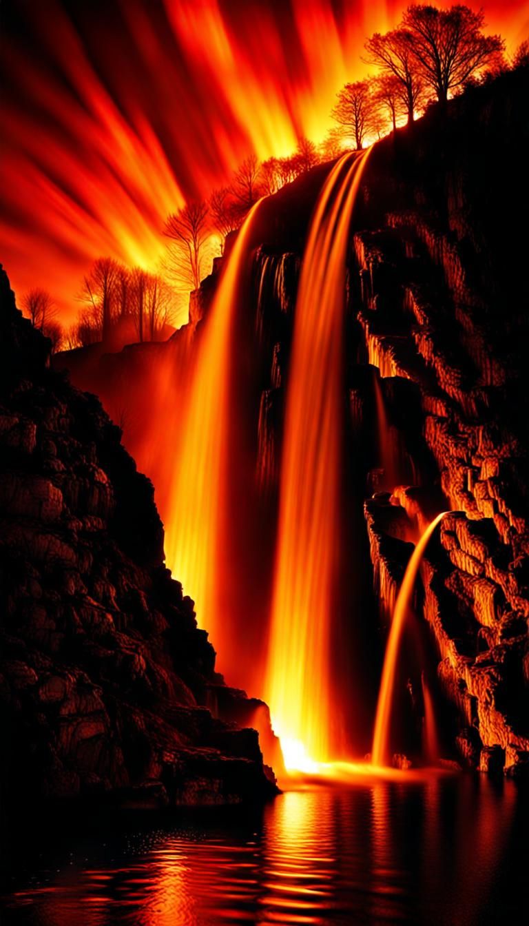 Surreal Waterfall Made of Fire with Vivid Contrast