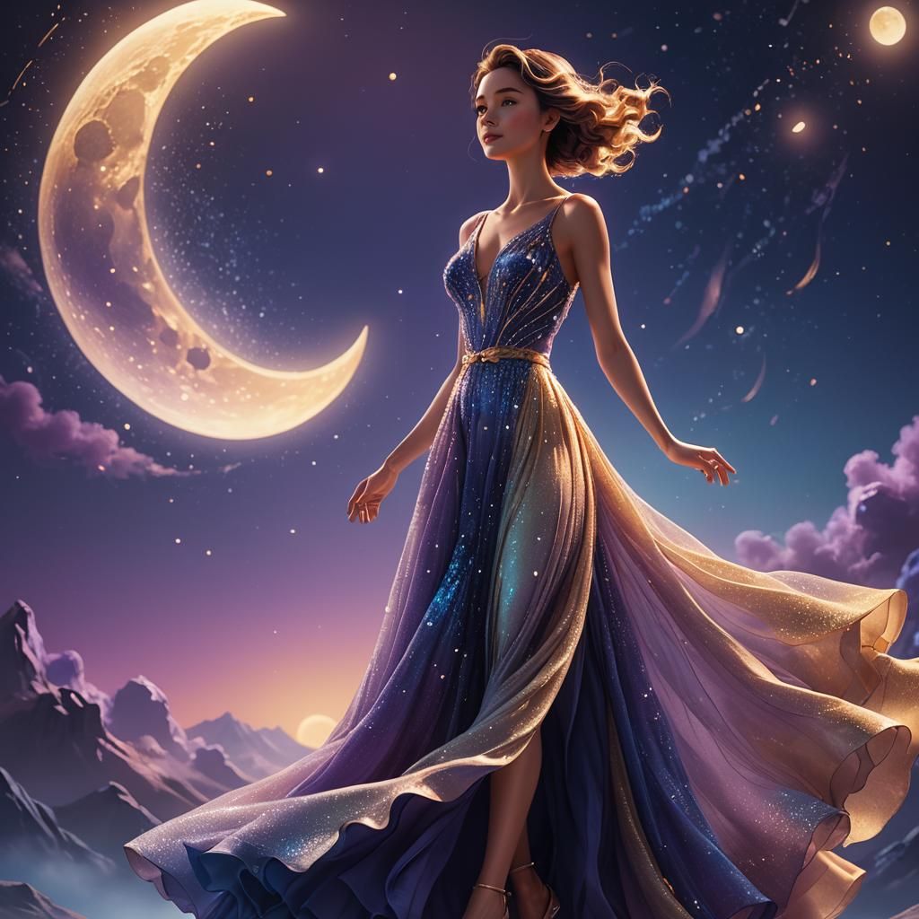 Woman in Gown Walking by Moon: Pixar-Inspired Art