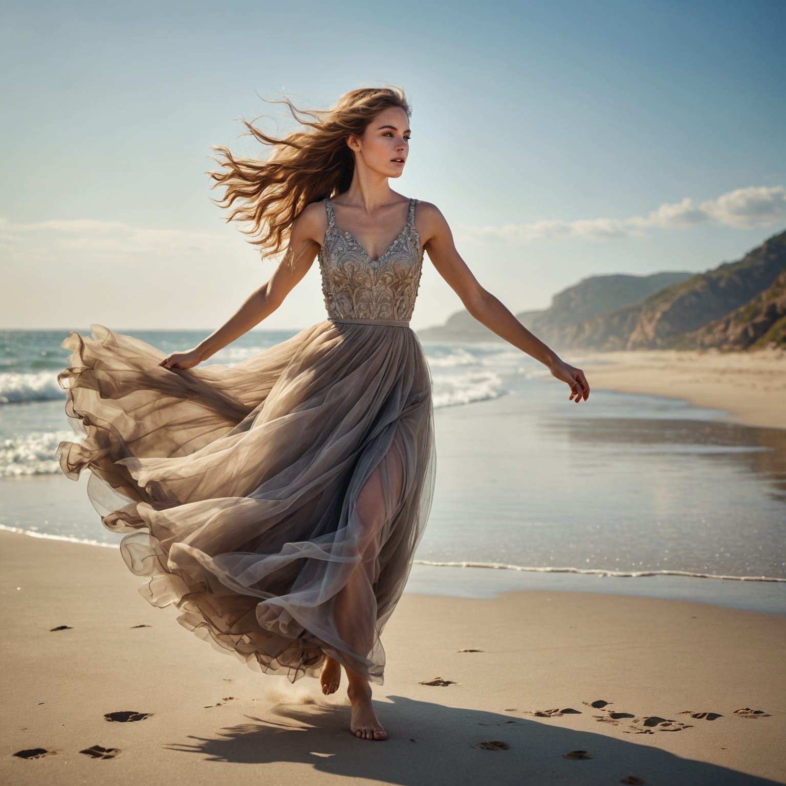 Girl Running on Beach in Flowing Dress