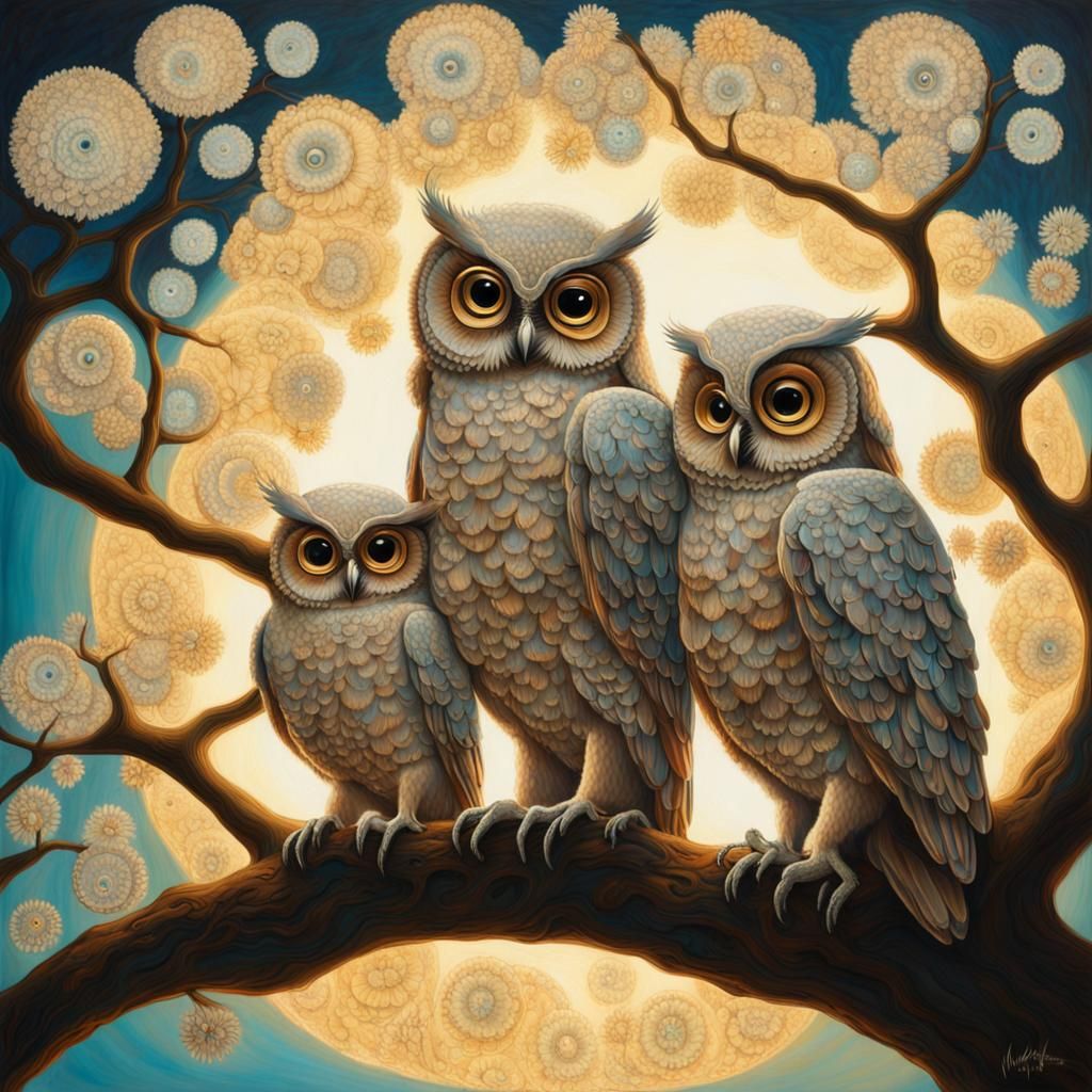 Lullaby Owls of Light in Bioluminescent Forest