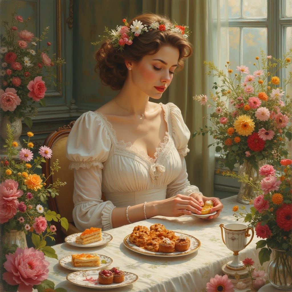 Mother Surrounded by Whimsical Flowers and Delights