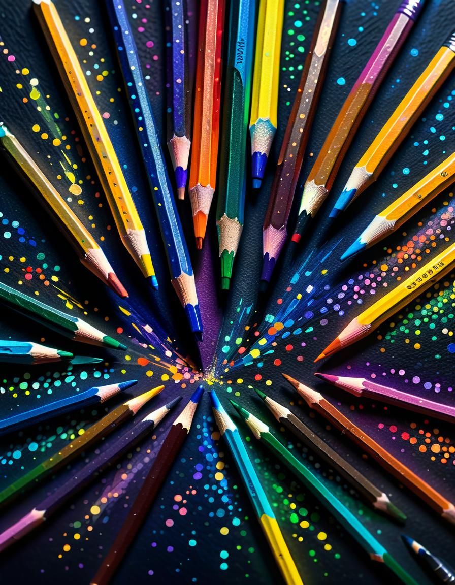 Pointillism, a set of coloured pencils against a dark backgr...