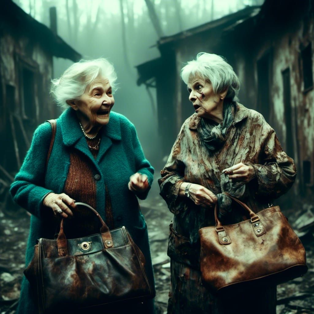 Grannies Fighting with Handbags in Macabre Style