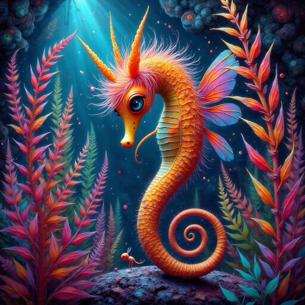 Iridescent Seahorse with Wings on Bioluminescent Plants