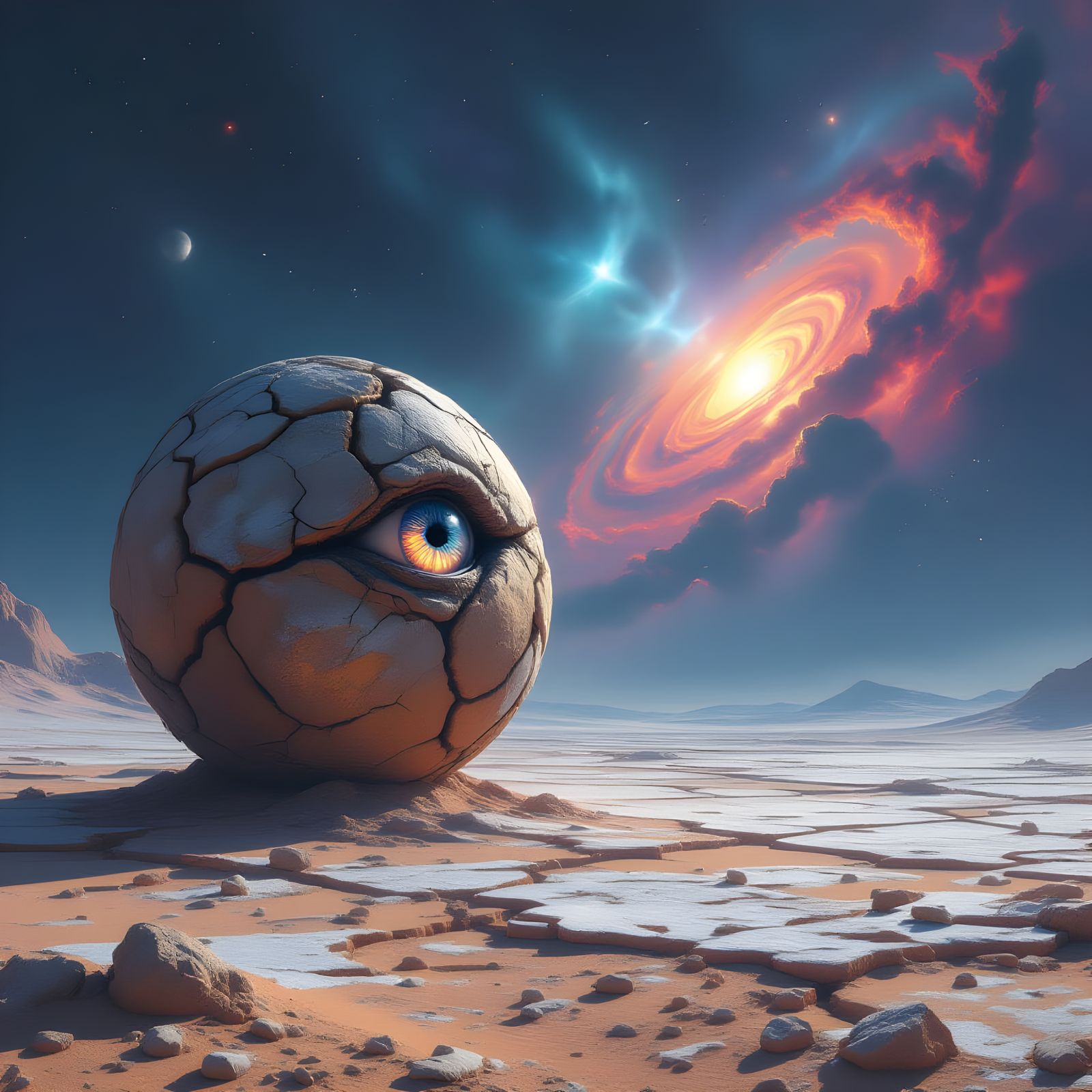 Sentient Planetoid Gazes at Nebula in Surreal Fantasy Art
