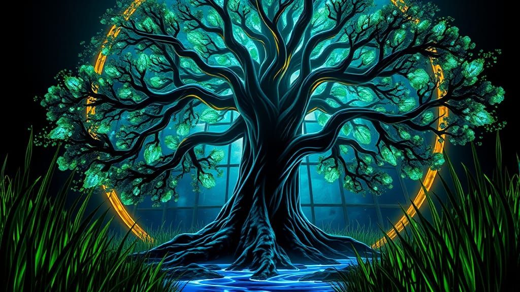 Bioluminescent Sequoia Tree with Neon Rivers