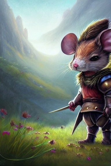 Chibi Mouse Knight in Lush Valley, Fantasy Art