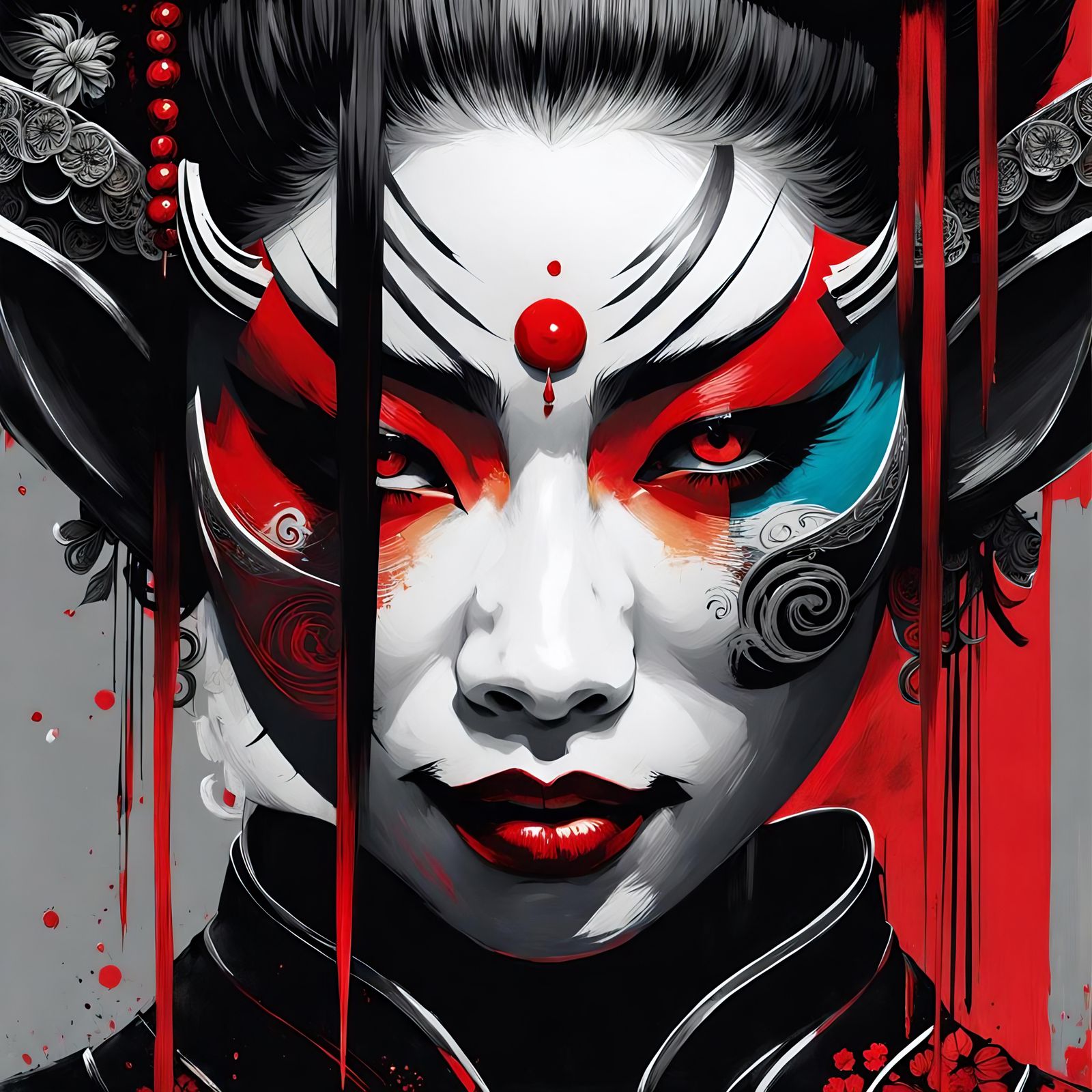 Furious Geisha and Enraged Oni in Impasto Style