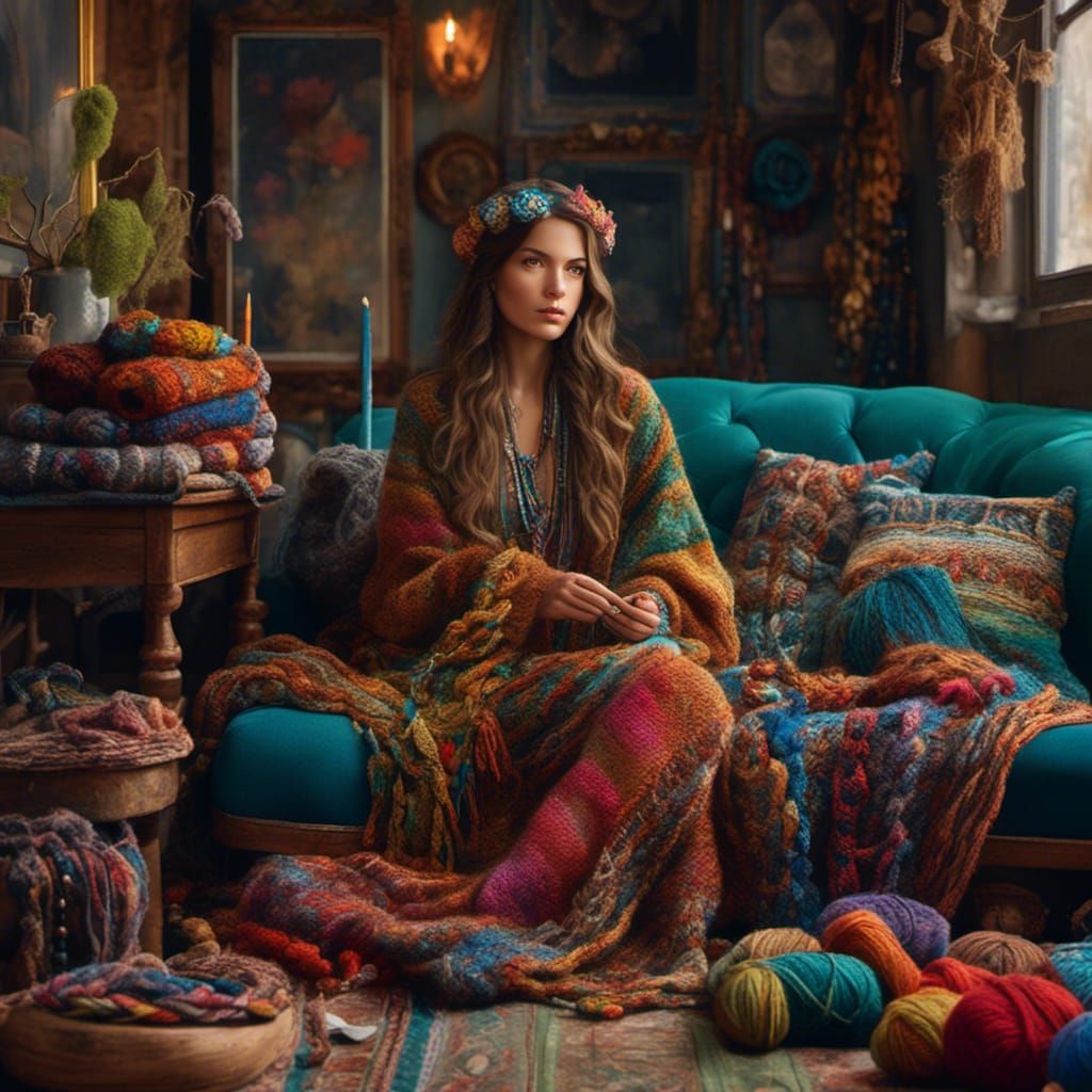 Hyperrealistic Woman Knitting in Her Living Room