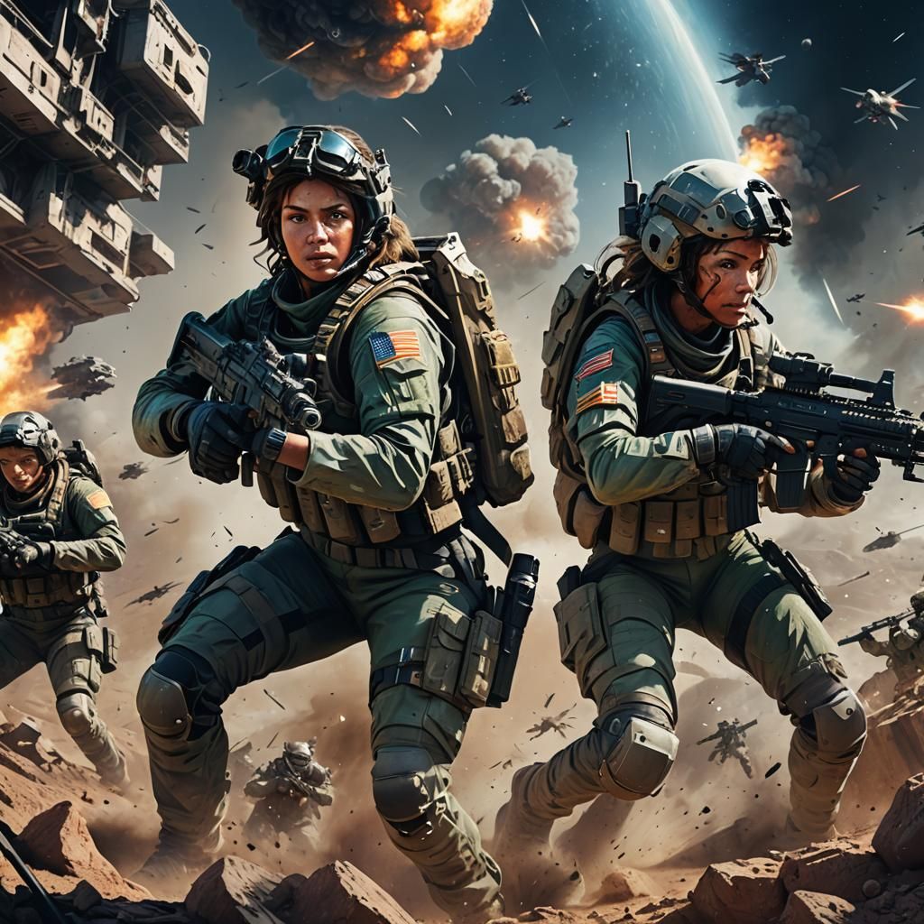 Hyperrealistic Amazon Warriors in Space Warfare