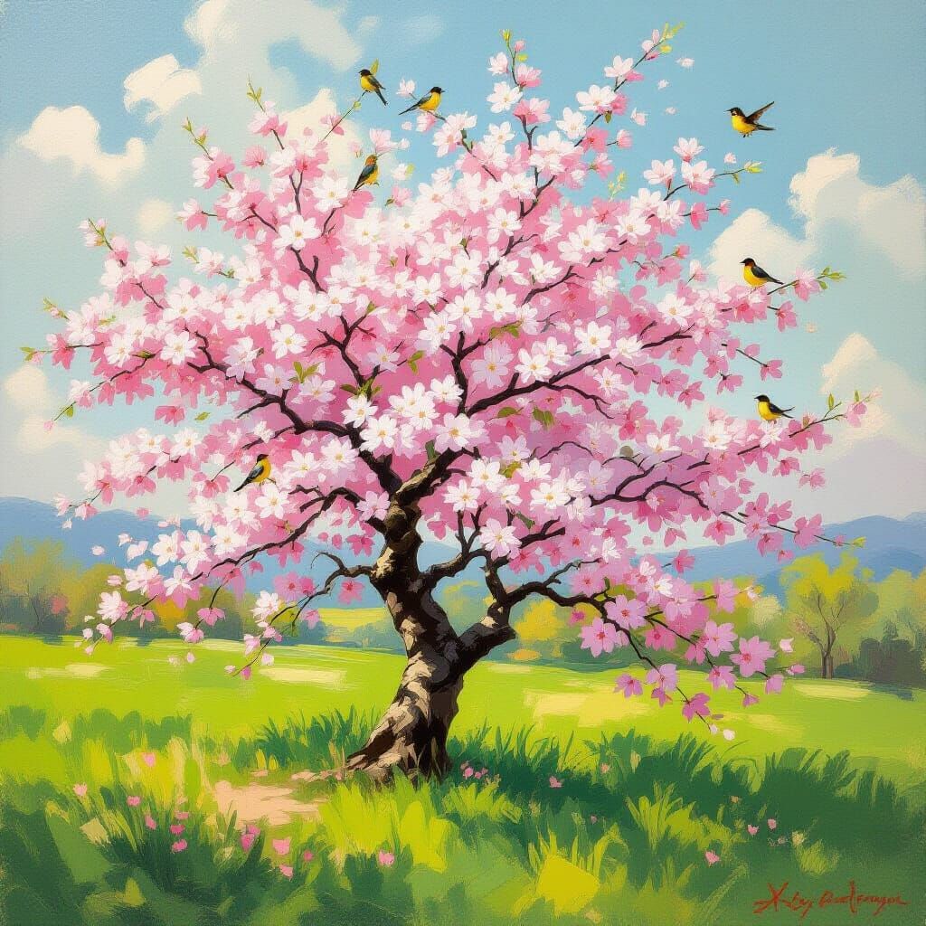 Cherry Blossom Tree in Bloom: Baroque Oil Painting