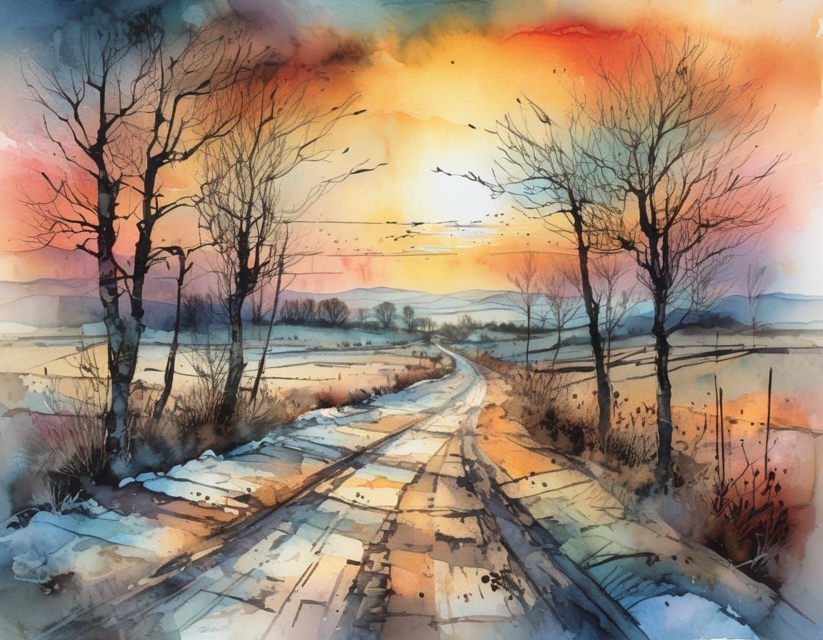 Watercolor Sunrise Over Winter Country Road