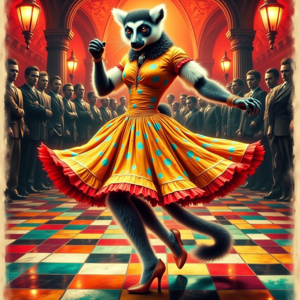 Vibrant Lemur Swing Dancer in Bold Pulp Comic Style