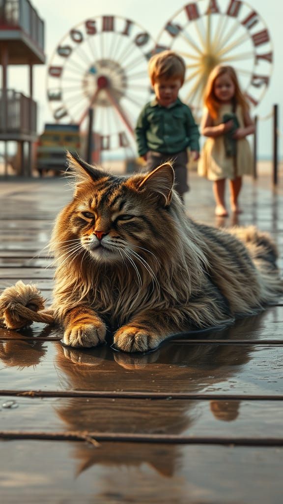 Surreal Seaside Scene of a Drenched Cat on a Boardwalk