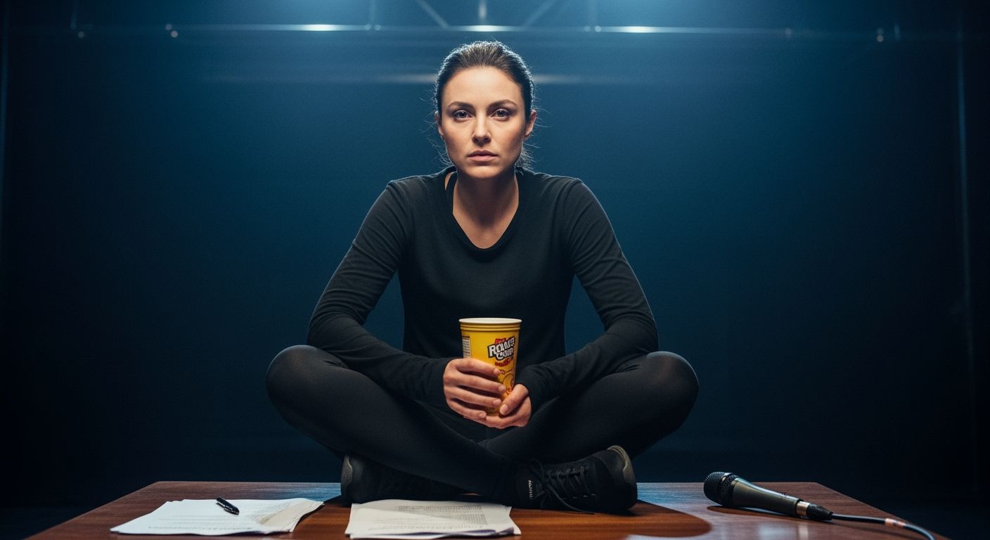 Woman on Stage with Snack Cup in Cinematic Lighting
