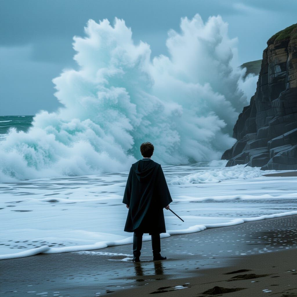 Harry Potter Confronts a Crashing Wave: Cinematic Still