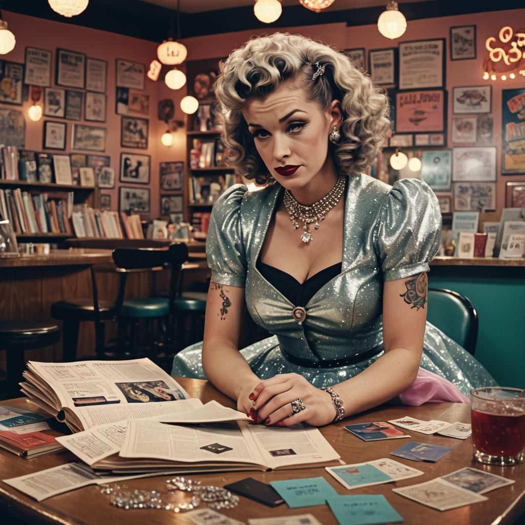 Sparkling Pinup Girl Reading at Soda Shop