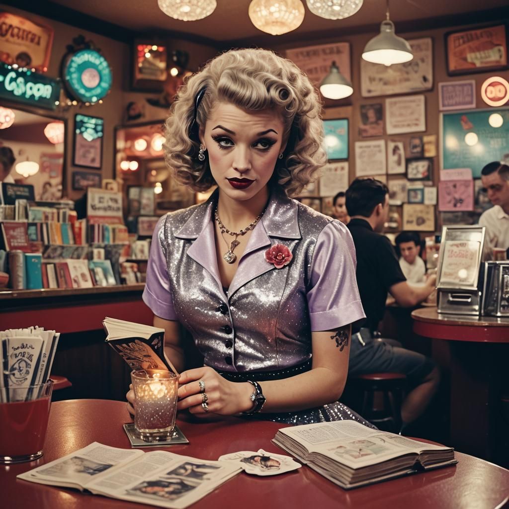 Sparkling Pinup Girl Reading in Soda Shop