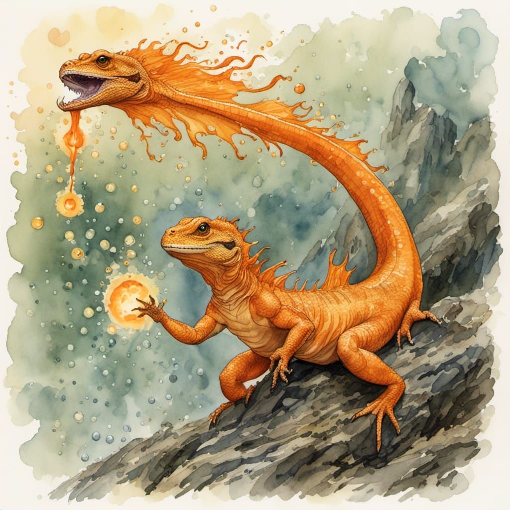 Orange Lizard with Flame Tail in Card Art Style