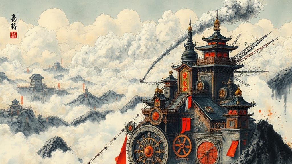Steampunk Cloud City Over Chinese Landscape Ink Art
