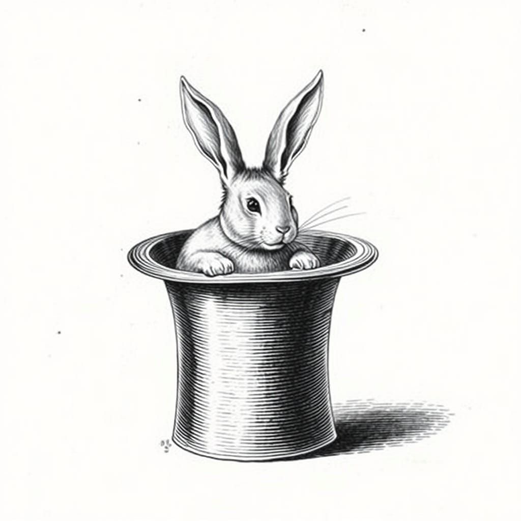 Classical Rabbit Emerges from a Top Hat in 18th-Century Etch...