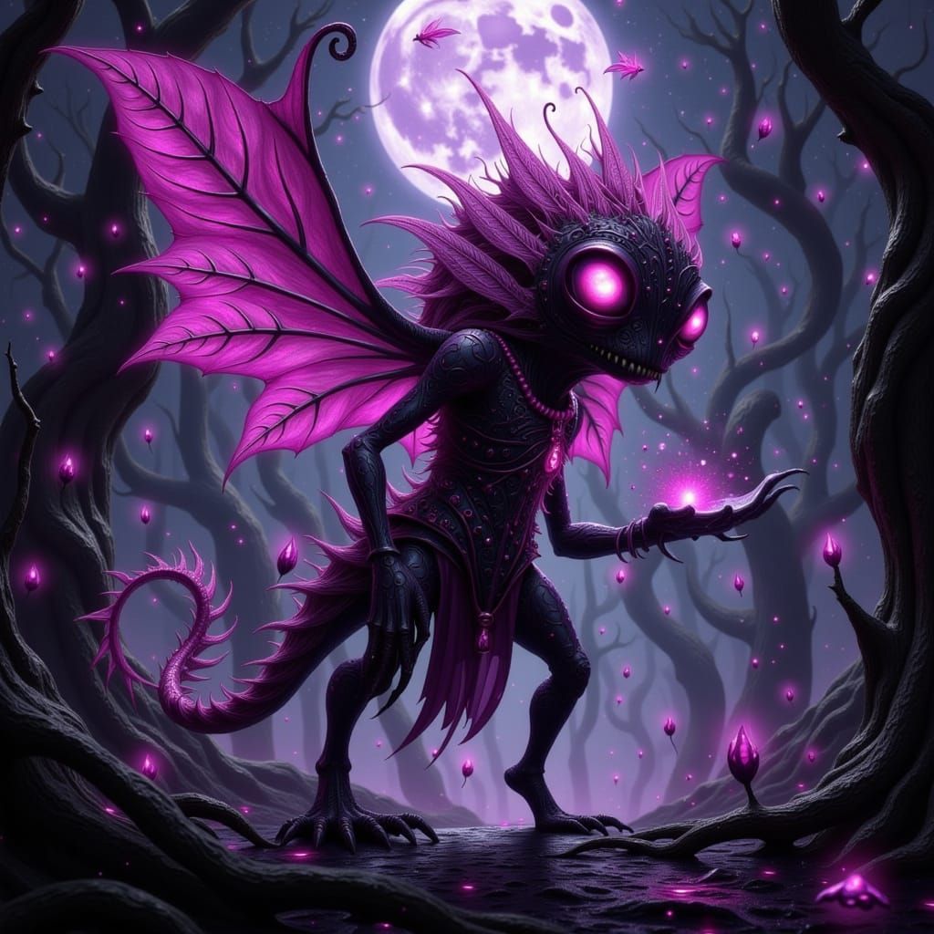 Ethereal Crimson Fae Monarch in Moonlit Forest