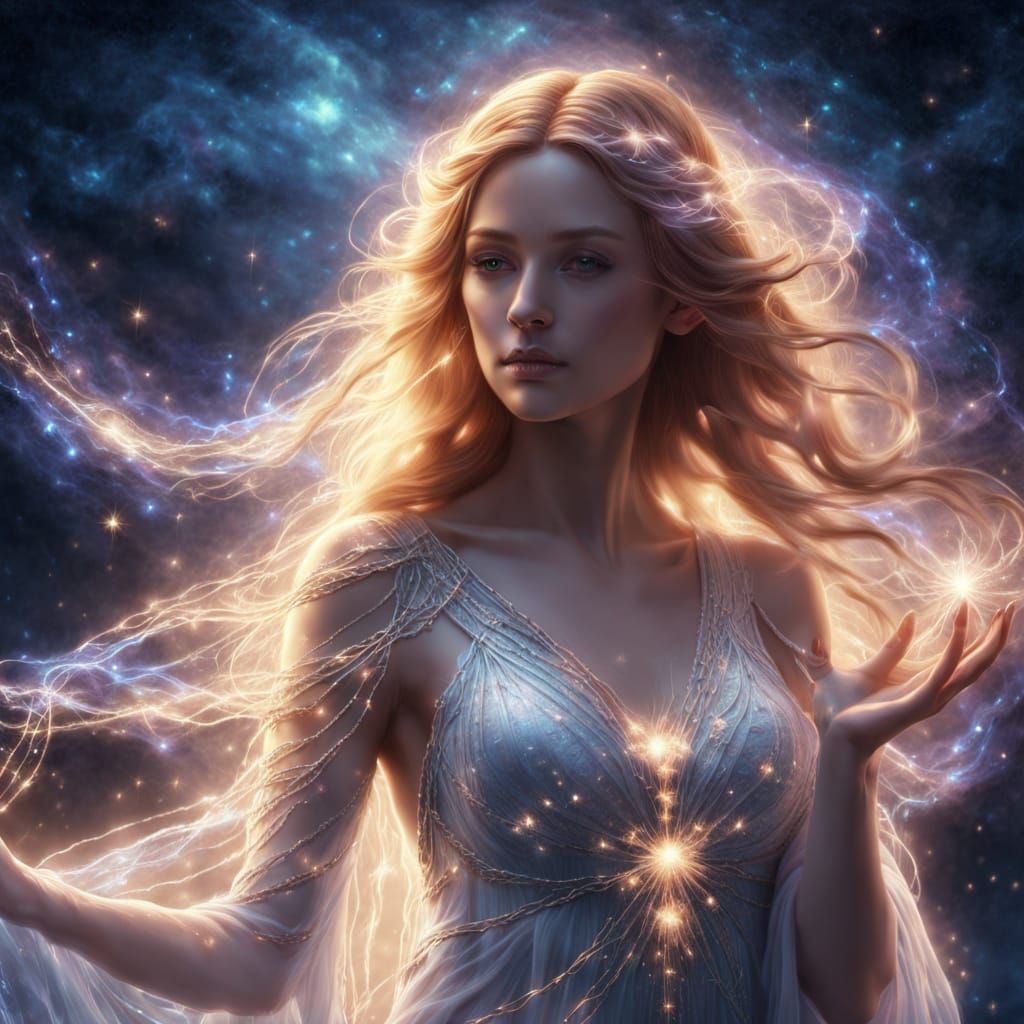 Ethereal Goddess Weaving Cosmic Light in Fantasy Realism Sty...