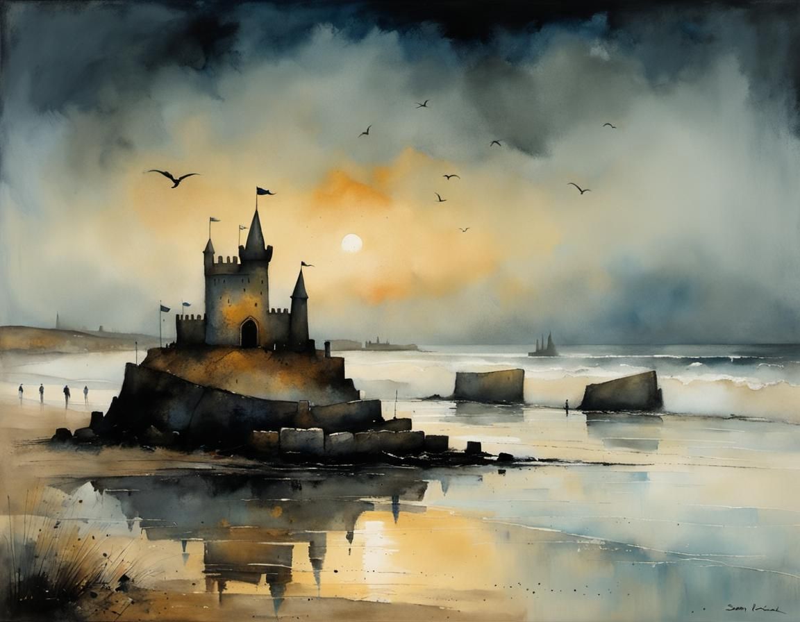 Twilight Sandcastle Watercolor with Distressed Texture