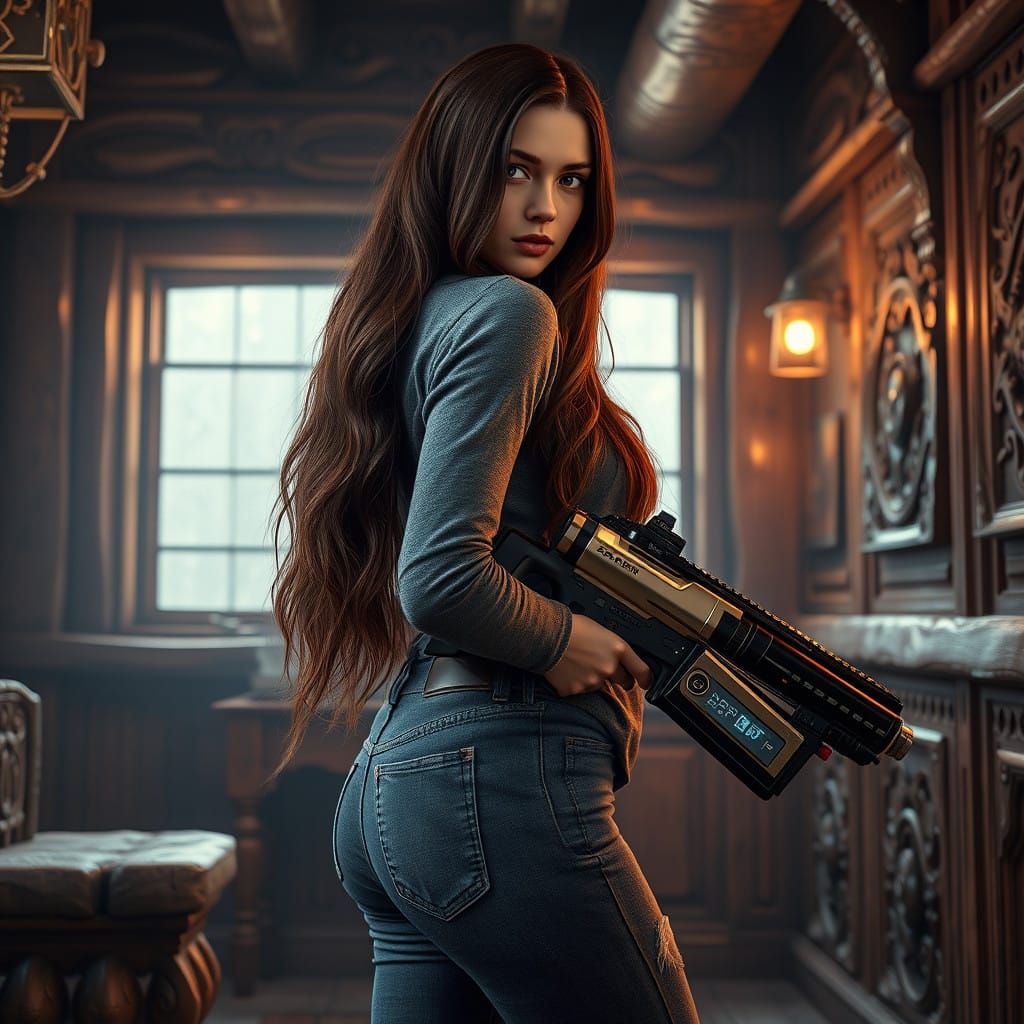 Confident Woman Wields Power Tool in Cozy, Whimsical Room