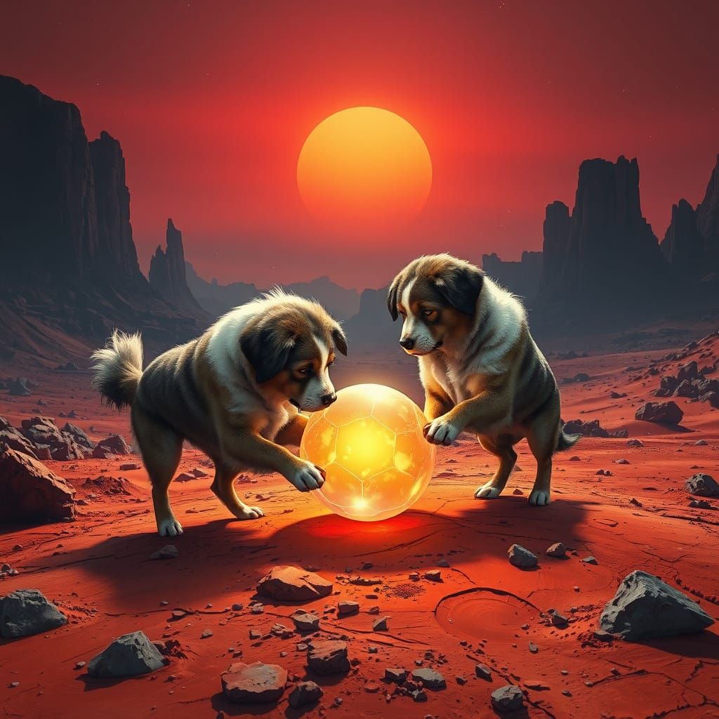 San Bernardo Dogs Play on Martian Surface in Vibrant, Cyberp...