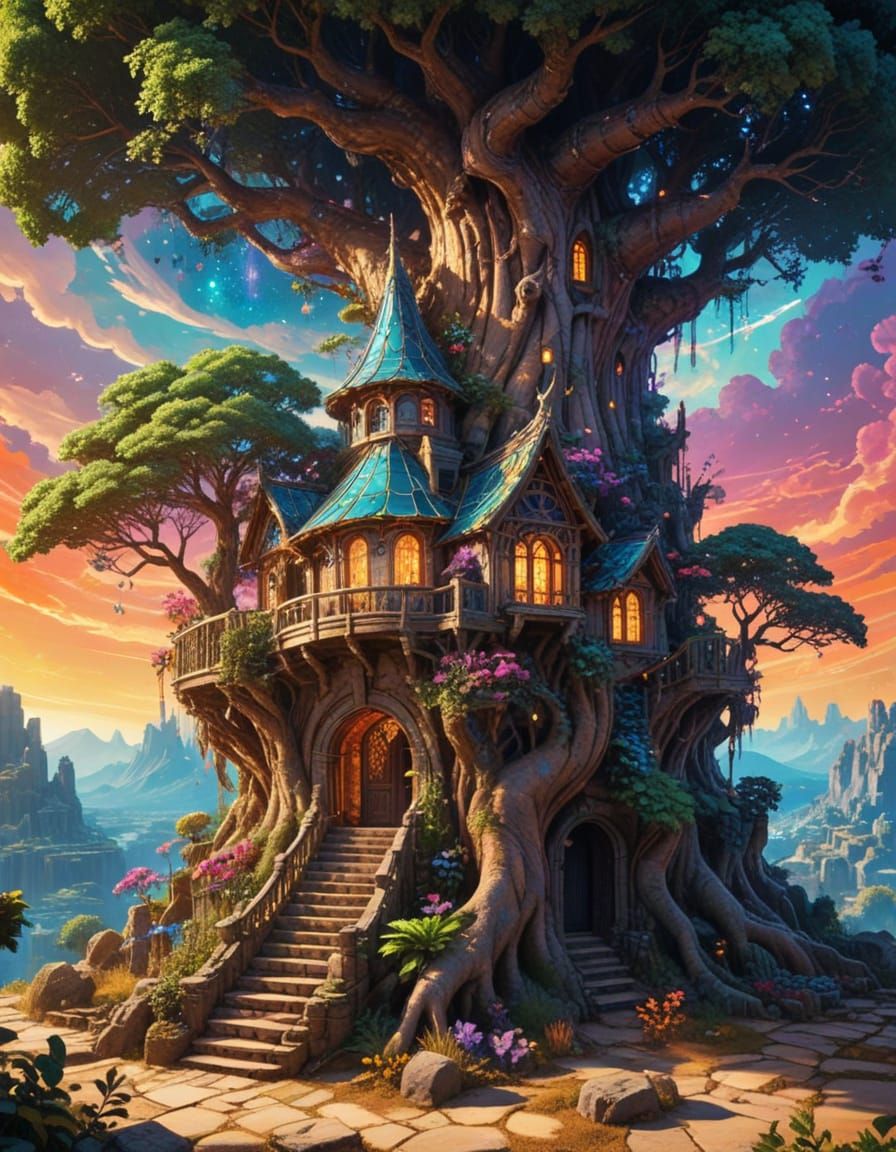 Surreal Fantasy Tree House Castle in Vibrant Colors