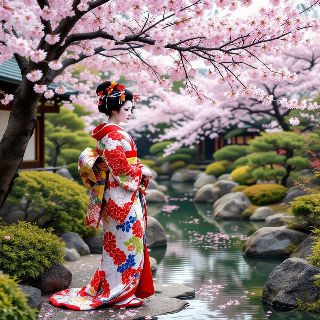Geisha in Japanese Garden with Cherry Blossoms