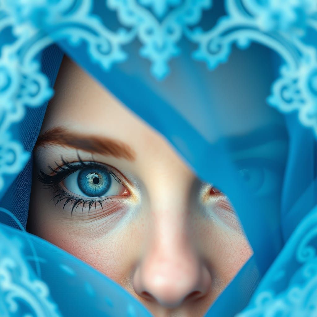 Ethereal Blue Eyes Peek from Behind Ornate Veils