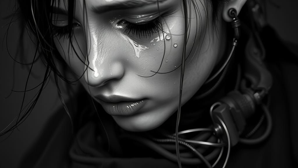 Cyberpunk Woman in Turmoil, Close-Up Portrait in Black and W...