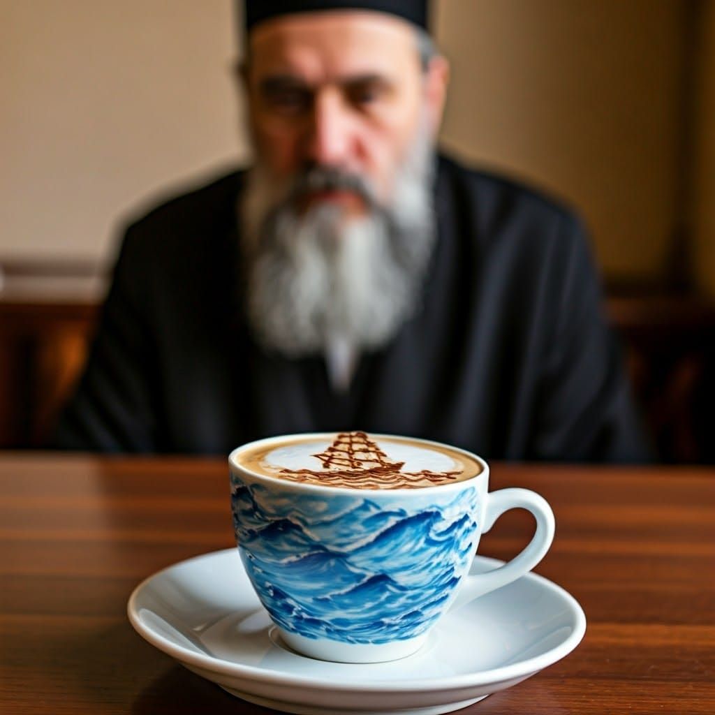Orthodox Man Admires Coffee Artwork with Foam Sea and Ship