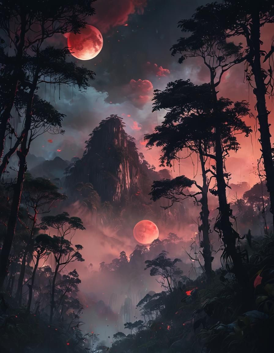 Epic Rainforest Landscape with Blood Moon