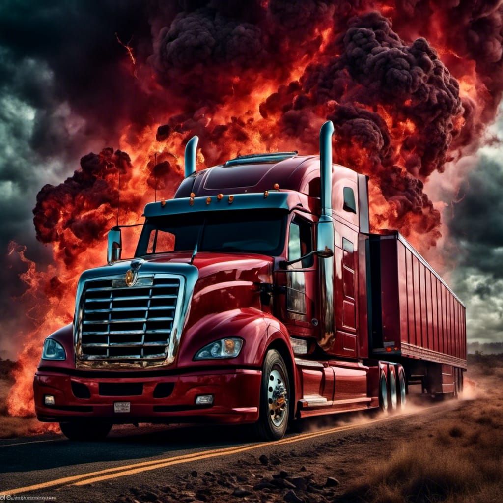 Fiery Semi Truck Trailer in Thunderstorm