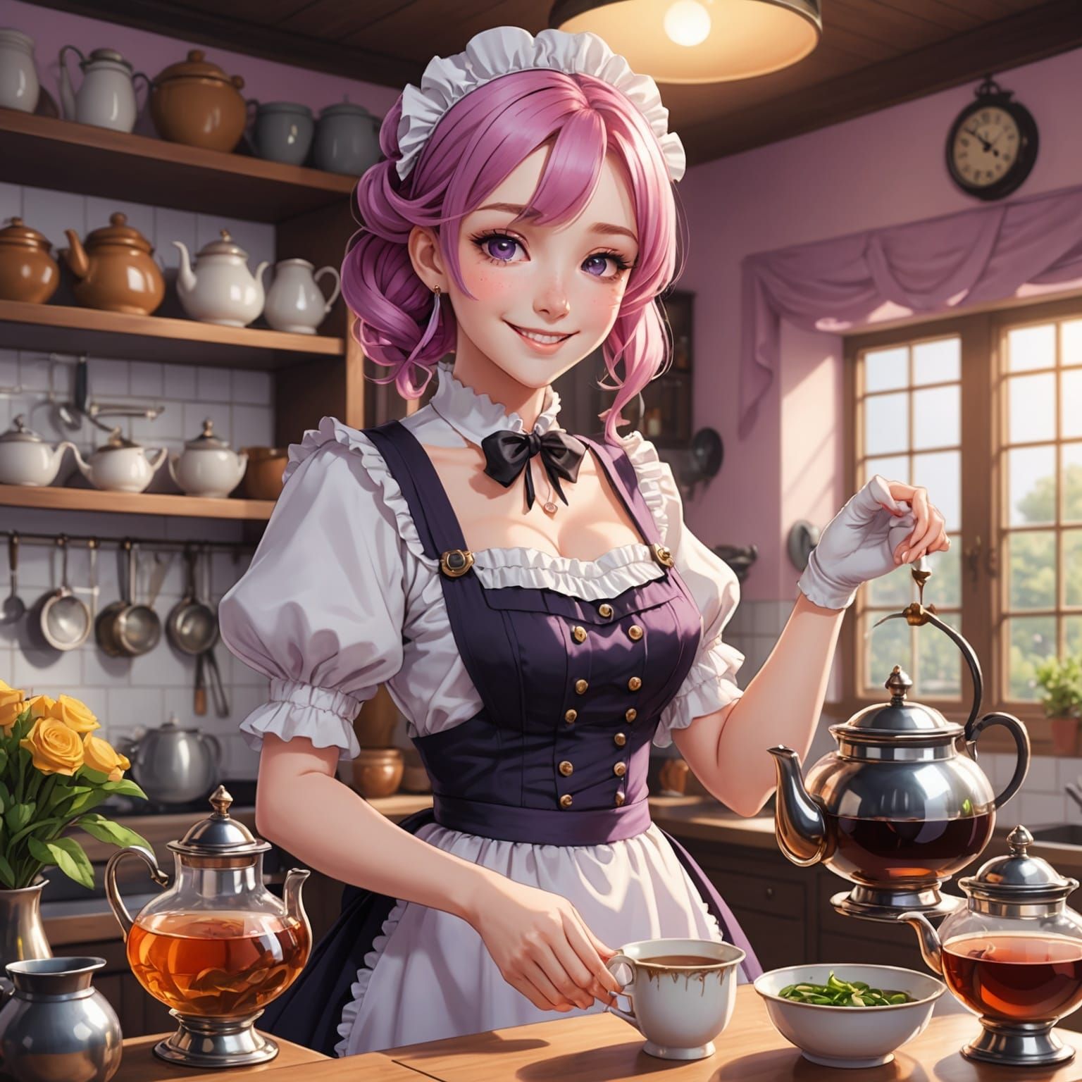 Anime Maid Preparing Tea in Fancy Kitchen