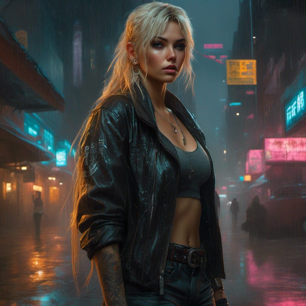 Cyberpunk Elf Tomboy in Rainy Neon City