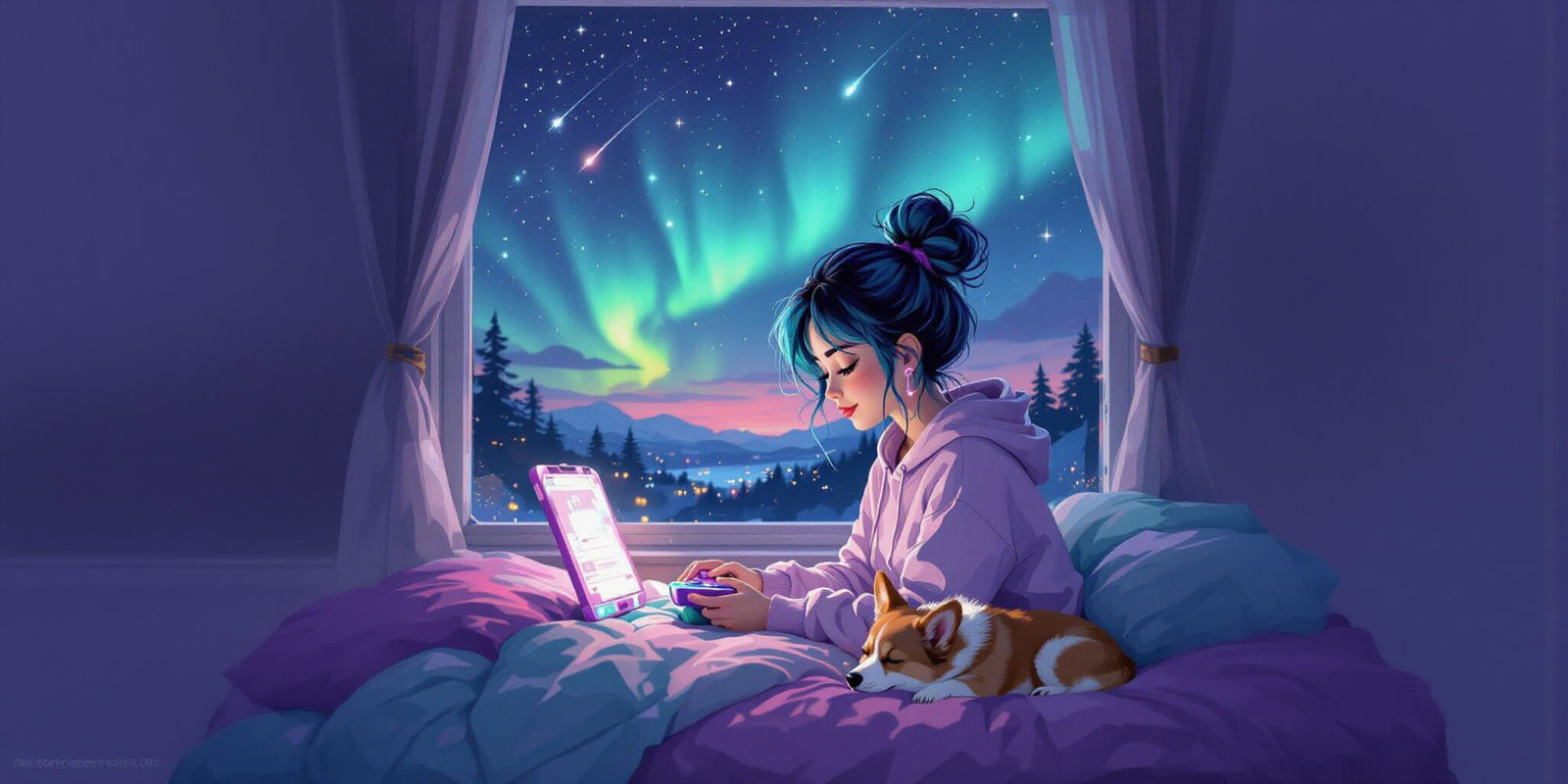 Lofi Girl Gaming Under Aurora Borealis