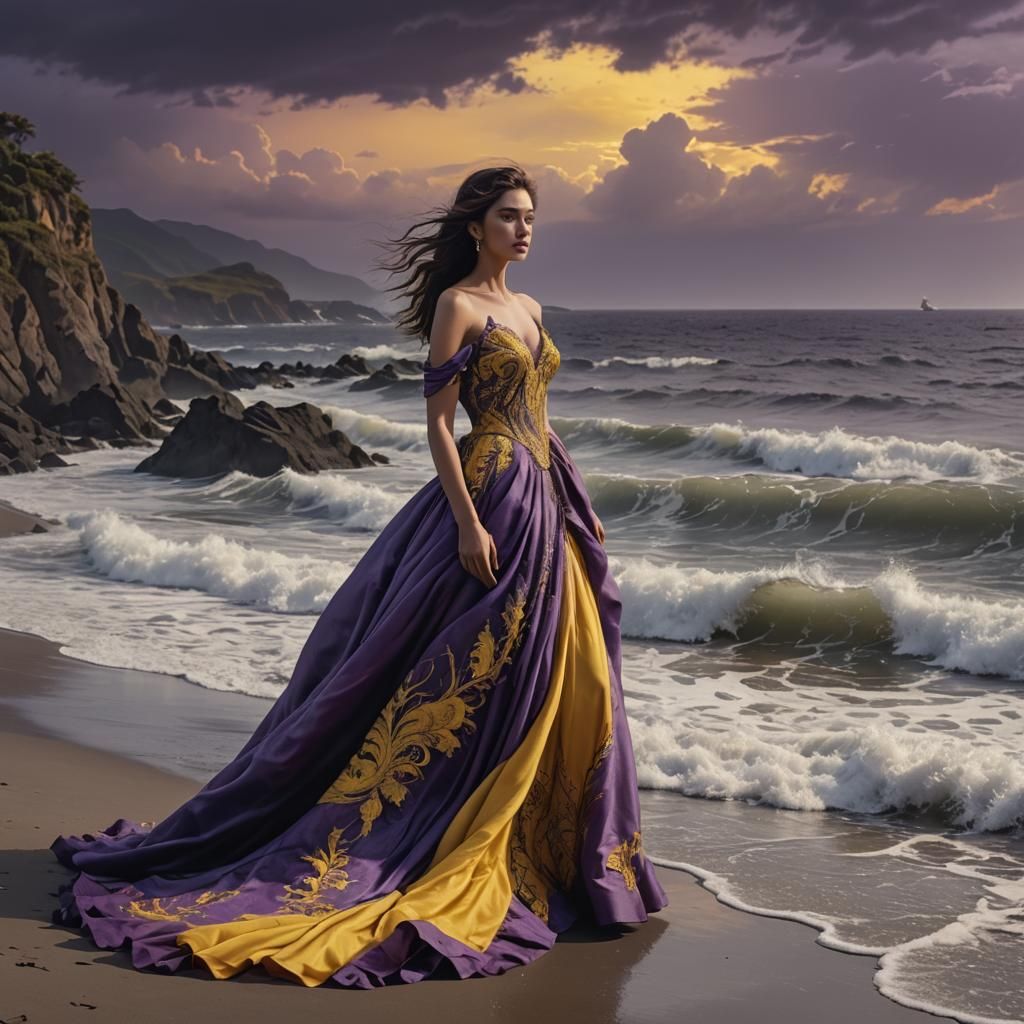 Girl in Purple and Yellow Gown on Seashore
