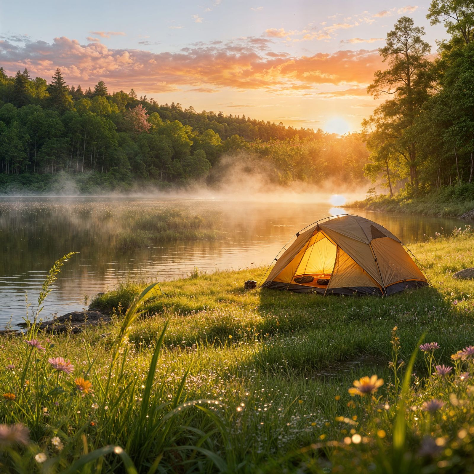 Golden Sunrise Over Peaceful Meadow and Lake