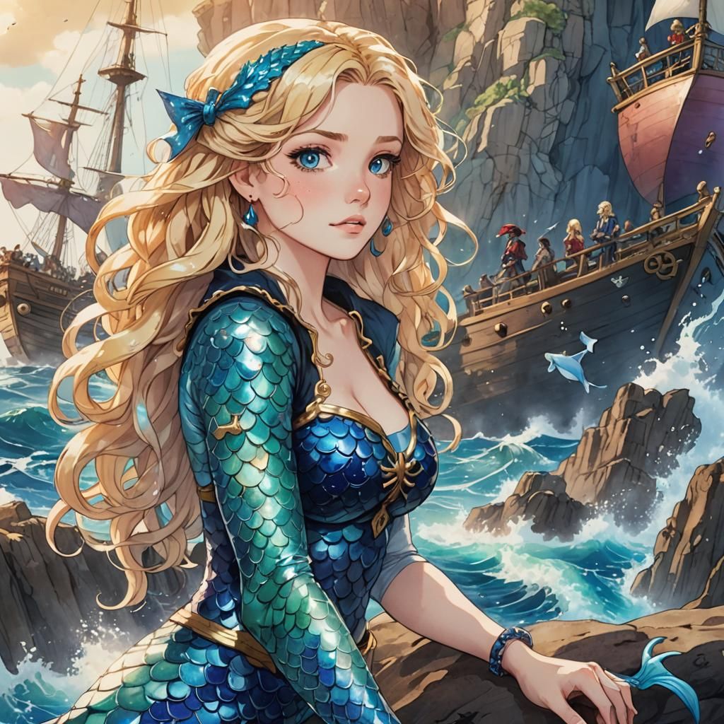 Anime Mermaid Longing for Pirate Love on the Sea