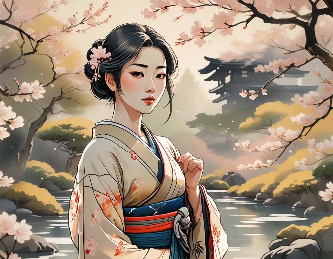 Ukiyo-e Style Portrait in Japanese Garden